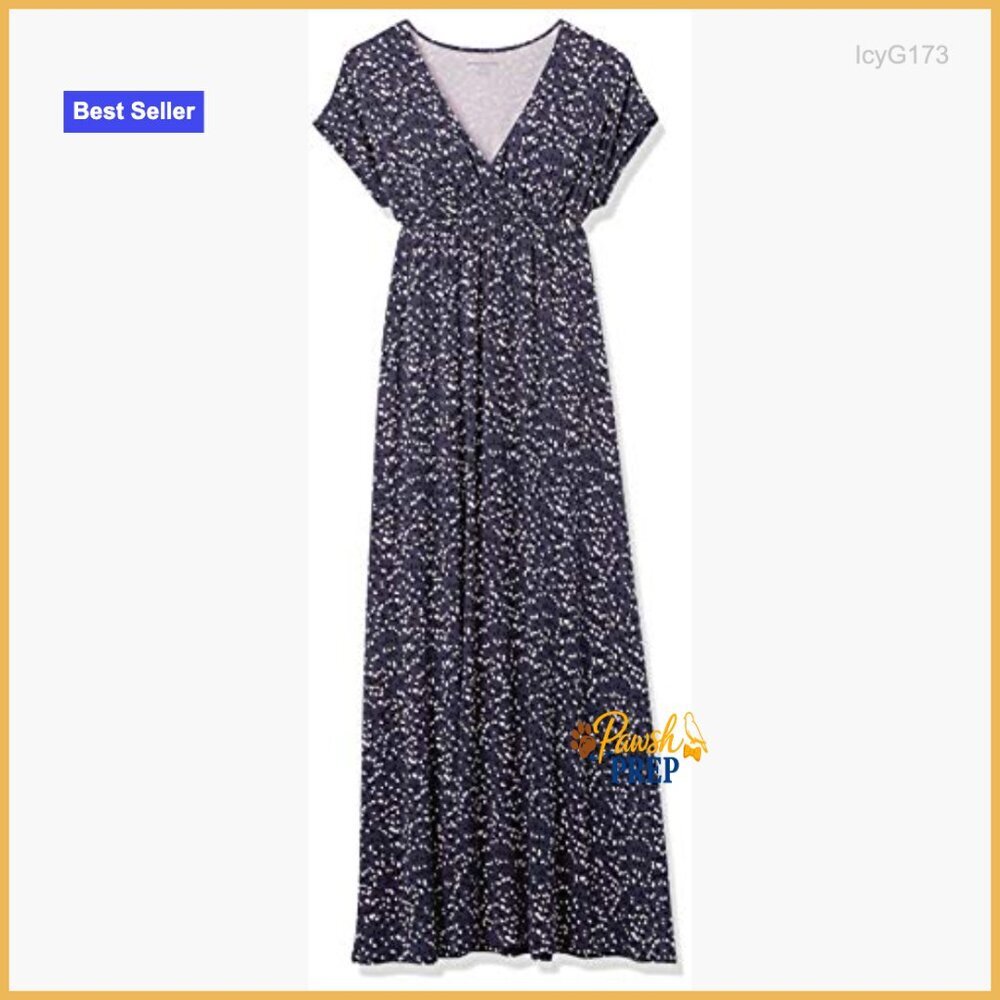 V-Neck Short Sleeve Waisted Maxi Dress Fit & Flare Rayon Stretch Jersey - Picture 6 of 7